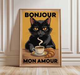 Bonjour Mon Amour Black Cat Coffee Croissant Poster, Retro Graphic Art, French Kitchen Wall Decor Lover Gift - thumbnail 1