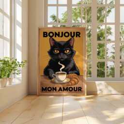 Bonjour Mon Amour Black Cat Coffee Croissant Poster, Retro Graphic Art, French Kitchen Wall Decor Lover Gift - thumbnail 3