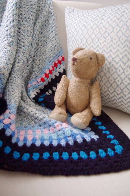 Blanket - Scandi Navy White Blue Red Pink Vintage Knitted Crocheted Nursery Armchair Throw Blanket - image 1