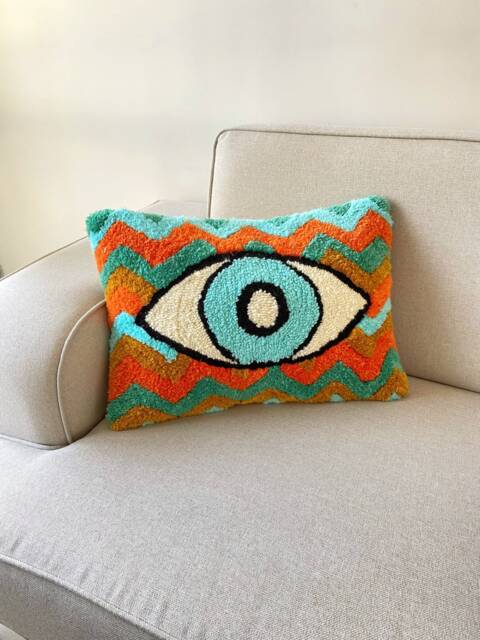 Hand Tufted Evil Eye Pillow Cover, Turkish Greek Blue Cushion Case, Good Luck Home Decor, Protection Amulet Throw Pillow, Boho Bedding - image 1