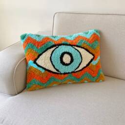 Hand Tufted Evil Eye Pillow Cover, Turkish Greek Blue Cushion Case, Good Luck Home Decor, Protection Amulet Throw Pillow, Boho Bedding - thumbnail 3