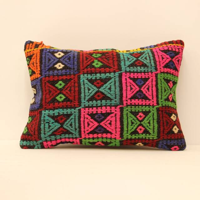 Vintage Turkish Kilim Lumbar Pillow Cover, Boho Tribal Wool - 14x20 - image 1