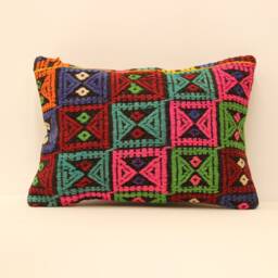 Vintage Turkish Kilim Lumbar Pillow Cover, Boho Tribal Wool - 14x20 - thumbnail 1