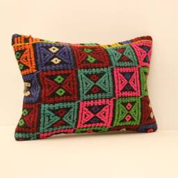 Vintage Turkish Kilim Lumbar Pillow Cover, Boho Tribal Wool - 14x20 - thumbnail 2