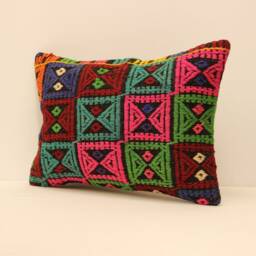 Vintage Turkish Kilim Lumbar Pillow Cover, Boho Tribal Wool - 14x20 - thumbnail 3
