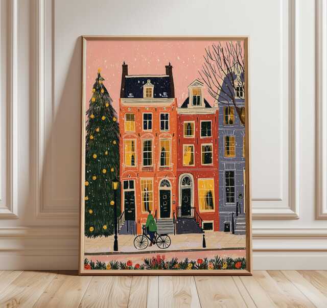 Amsterdam Christmas Art Print, Whimsical Winter City Illustration, Colorful Townhouse Wall Art, Festive Holiday Street Scene Poster