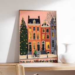 Amsterdam Christmas Art Print, Whimsical Winter City Illustration, Colorful Townhouse Wall Art, Festive Holiday Street Scene Poster - thumbnail 2