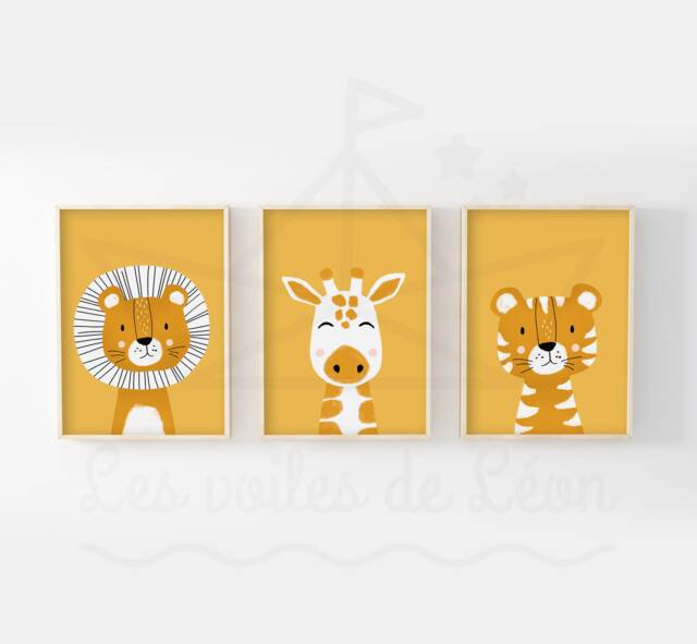 Set Of 3 Children's Safari Posters Lion, Giraffe, Tiger. Wall Decoration For Baby's Room. Baby Shower Gift Idea - image 1