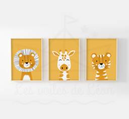 Set Of 3 Children's Safari Posters Lion, Giraffe, Tiger. Wall Decoration For Baby's Room. Baby Shower Gift Idea - thumbnail 1