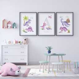 Girls Dinosaur Nursery Prints, Set Of 3 Pink & Purple Prints For Girls Bedroom, Personalised Wall Decor, Cute Dino Room Decor, T-Rex Dinos - thumbnail 1