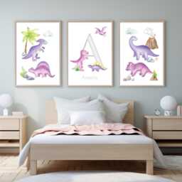 Girls Dinosaur Nursery Prints, Set Of 3 Pink & Purple Prints For Girls Bedroom, Personalised Wall Decor, Cute Dino Room Decor, T-Rex Dinos - thumbnail 3