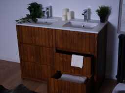 Handmade Pine His & Hers Double Vanity Unit - Quartz Top, Undermount Ceramic Basins Walnut Finish - thumbnail 1