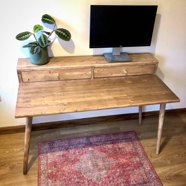 Bespoke Handmade Wooden Dressing Table/Desk. 120 X 60cm , Tapered Legs. Dark, Two Tire, Shelf, Monitors Stand, Computer Drawer Solid Wood - image 1