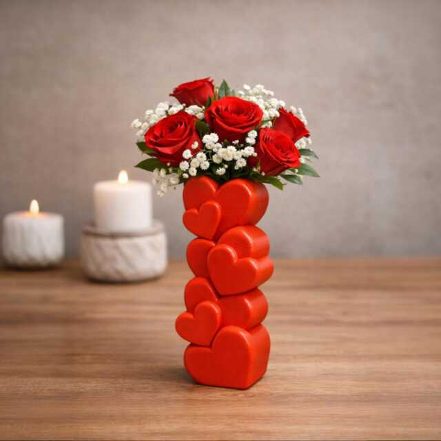 Heart Stack Valentine Vase - 3D-Printed Red Modern Bud - 14.5 cm Cute Romantic Gift Desk/Home Decor - image 1