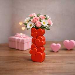 Heart Stack Valentine Vase - 3D-Printed Red Modern Bud - 14.5 cm Cute Romantic Gift Desk/Home Decor - thumbnail 2