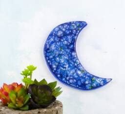 Ceramic Moon Wall Hanging With Blue Crystal Glaze, Porcelain Clay, Boho & Mystical Home Decor Art, Crescent Cycle - thumbnail 1