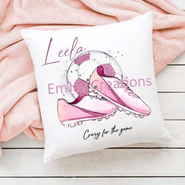 Personalised Pink Football Cushion Girl's Bedroom Decor - image 1