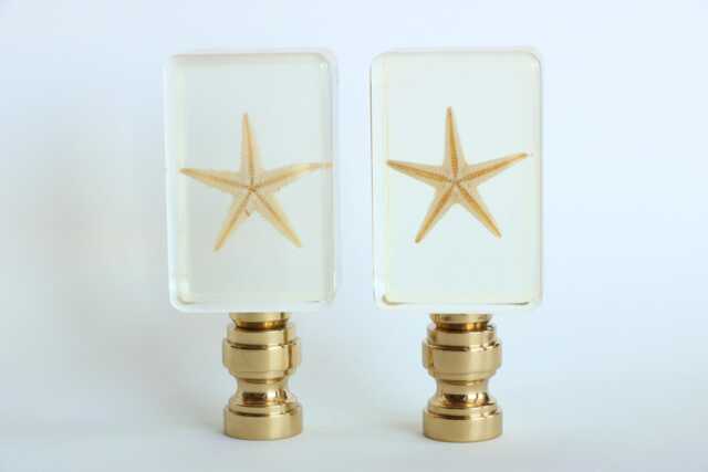 Starfish Lamp Finials - Natural Star Fish Specimens in Clear Acrylic On Shiny Brass Hardware A Single Finial Or Matching Pair - image 1