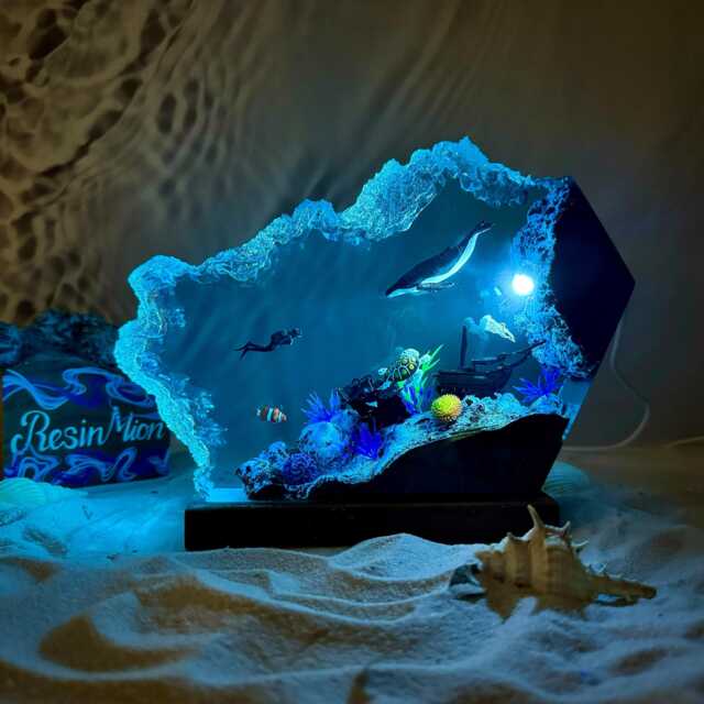 Epoxy Resin Wood Lamp, Humpback Whale & Turtle Night Light, Scuba Diving Light, Christmas Gift For Him, Unique Summer Gift, Home Decor - image 1
