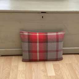 Handmade Pair Balmoral Cherry Red Grey Tartan Tweed Plaid Wool Effect Fabric Country Feather Oblong Bolster Throw Pillow Cushion - thumbnail 3