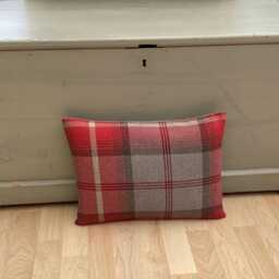 Handmade Pair Balmoral Cherry Red Grey Tartan Tweed Plaid Wool Effect Fabric Country Feather Oblong Bolster Throw Pillow Cushion - thumbnail 2