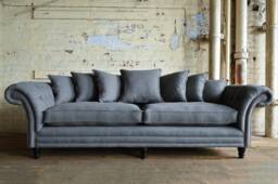 British Handmade 4 Seater Grey Wool Fabric Chesterfield Sofa Scatter Back