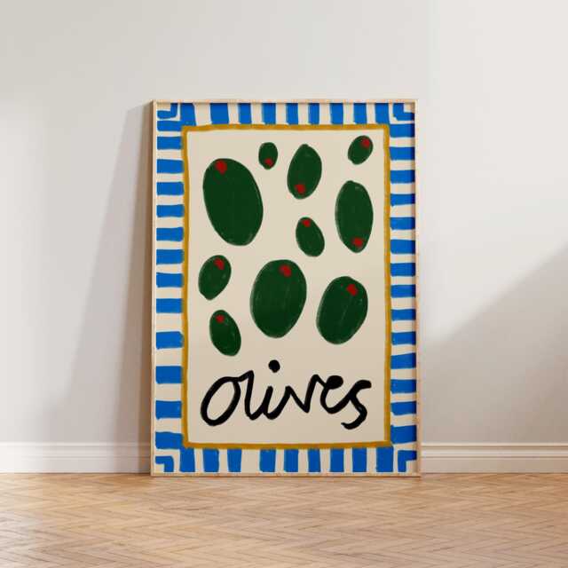 Colourful Kitchen Wall Art, Hand Drawn Olives Print, Blue Green Retro Prints, Food Art For - image 1
