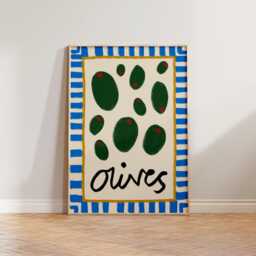 Colourful Kitchen Wall Art, Hand Drawn Olives Print, Blue Green Retro Prints, Food Art For - thumbnail 1