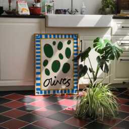Colourful Kitchen Wall Art, Hand Drawn Olives Print, Blue Green Retro Prints, Food Art For - thumbnail 3