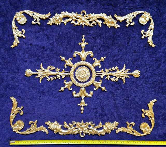 Large Ornate Applique Panel Louis Xvi Floral Gilt White French Style Decorative Wall Furniture Onlay Moulding Pediment Plastic Decoration - image 1