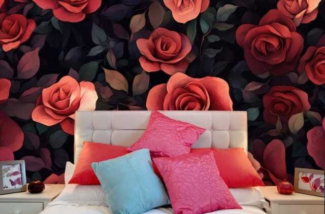 Red Roses Floral Wallpaper Modern Dark Wall Mural - image 1