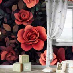 Red Roses Floral Wallpaper Modern Dark Wall Mural - thumbnail 2