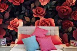 Red Roses Floral Wallpaper Modern Dark Wall Mural - thumbnail 1