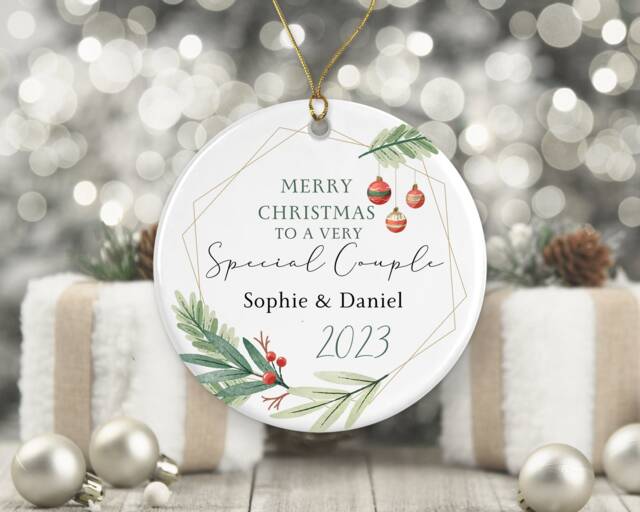 Special Couple Tree Decoration - Personalised Ornament Ceramic Bauble Keepsake Gift Mr & Mrs To Be - image 1