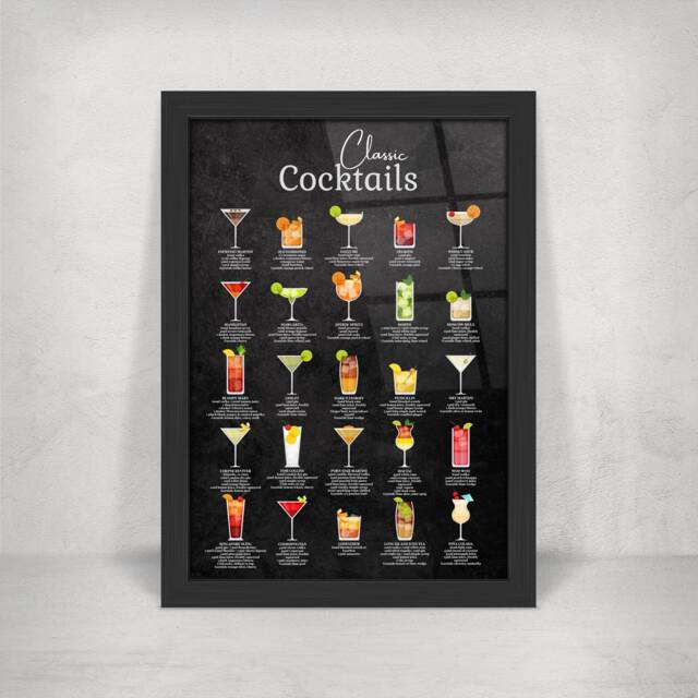 Classic Cocktail Metal Home Bar Sign Print On Black Chalkboard. 25 Popular Cocktails Gloss Wall Art. Framed & Floating Mounts - image 1