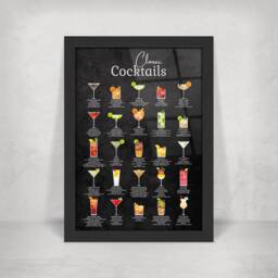 Classic Cocktail Metal Home Bar Sign Print On Black Chalkboard. 25 Popular Cocktails Gloss Wall Art. Framed & Floating Mounts