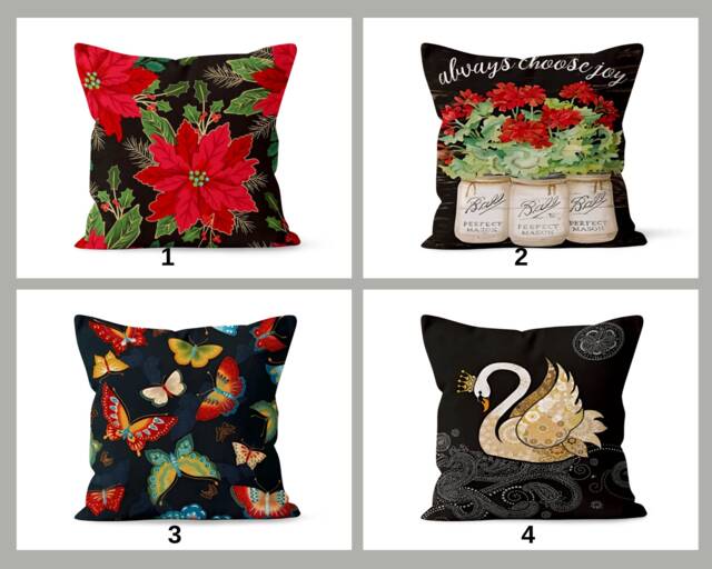 Flower Red Swan Cushion Cover, Farmhouse Decor, Floral Home Accent, Butterfly Design, Black Pillow Case - image 1