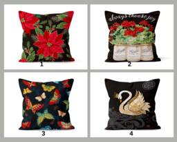 Flower Red Swan Cushion Cover, Farmhouse Decor, Floral Home Accent, Butterfly Design, Black Pillow Case