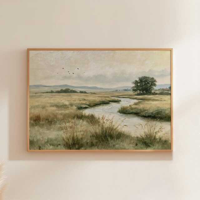 Meadow River Poster, Neutral Landscape Print, Country Wall Art, Paper - image 1