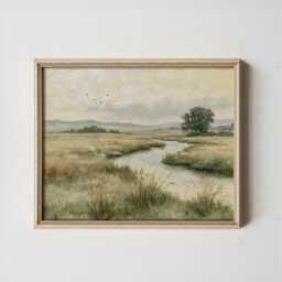 Meadow River Poster, Neutral Landscape Print, Country Wall Art, Paper - thumbnail 3