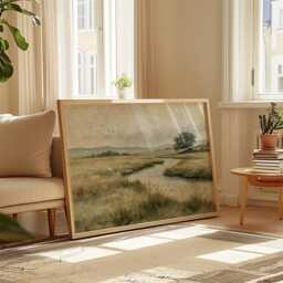 Meadow River Poster, Neutral Landscape Print, Country Wall Art, Paper - thumbnail 4