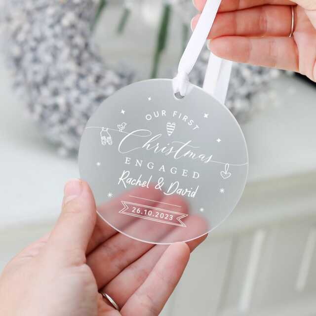 Personalised First Christmas Engaged Decoration Gift, 1st Bauble, Ornament Keepsake, Couple Keepsake - image 1