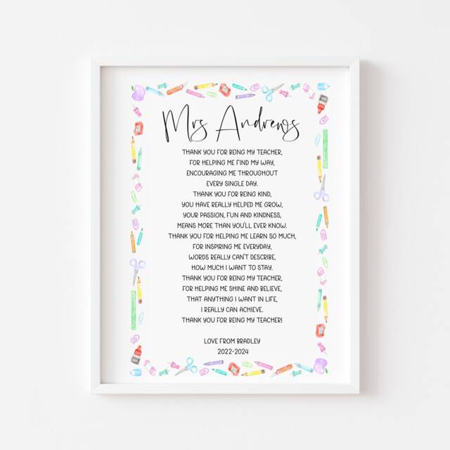Personalised Teacher Thank You Poem Print Pastel Nursery Decor Unframed Wall Art - image 1