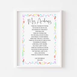 Personalised Teacher Thank You Poem Print Pastel Nursery Decor Unframed Wall Art - thumbnail 1