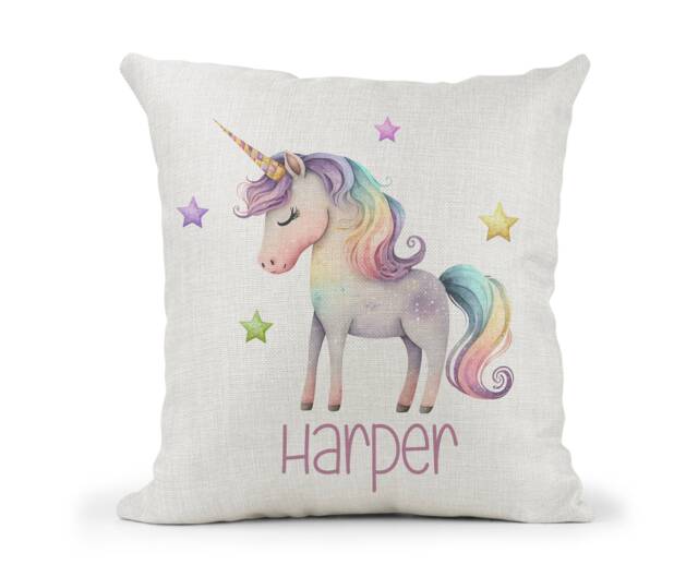 Personalised Girls Unicorn Stars Cream Canvas Cushion, Scatter Home Decor, Ladies, Floral Watercolour Design, , Magical - image 1