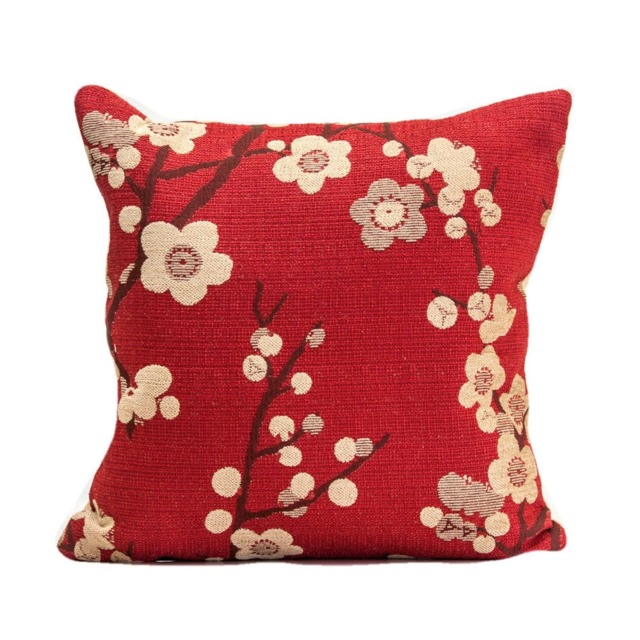 Red Cherry Blossom Pillow Cover, Tapestry Weave, Linen Back - image 1