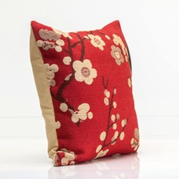 Red Cherry Blossom Pillow Cover, Tapestry Weave, Linen Back - thumbnail 3