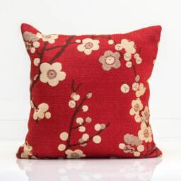 Red Cherry Blossom Pillow Cover, Tapestry Weave, Linen Back - thumbnail 2