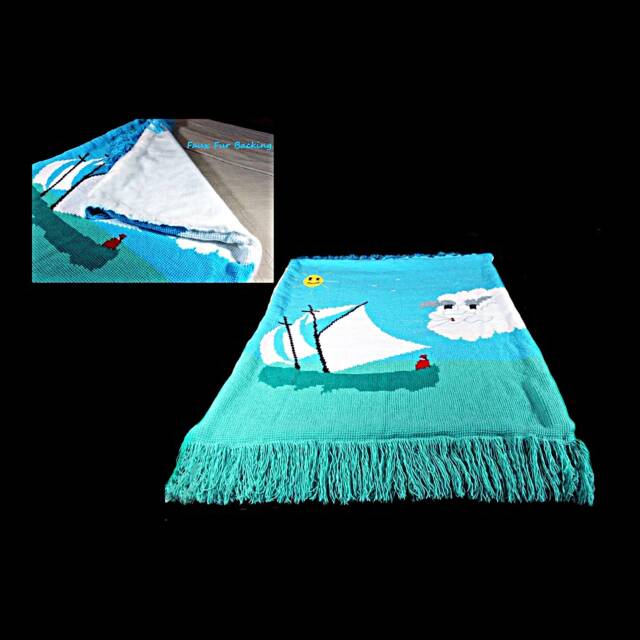 Tunisian Crochet Sailboat Blanket, 54x46, Faux Fur Lined Afghan Throw - image 1