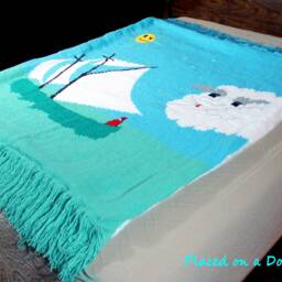 Tunisian Crochet Sailboat Blanket, 54x46, Faux Fur Lined Afghan Throw - thumbnail 3